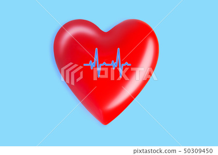 healthcare and medicine concept. close up of red heart with ecg line on blue background. 50309450