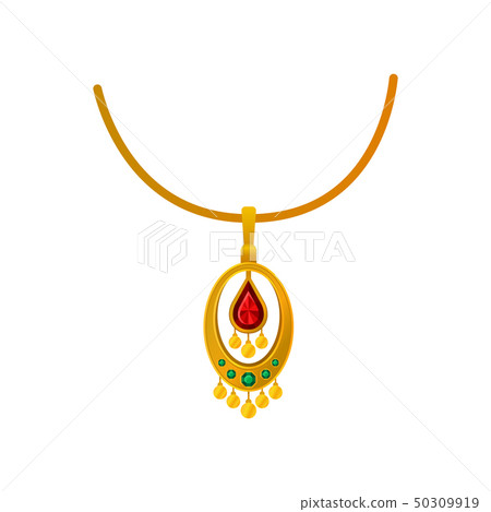 Gold pendant with precious stones on a chain. Vector illustration. 50309919