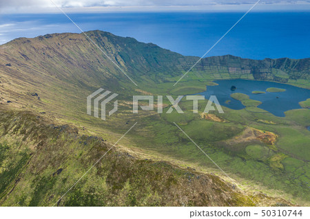 Aerial view of volcanic crater (Caldeirao) with a 50310744