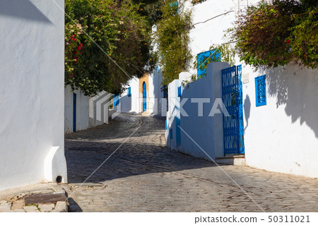 Cityscape with typical white blue colored houses Cityscape with typical white blue colored houses 50311021