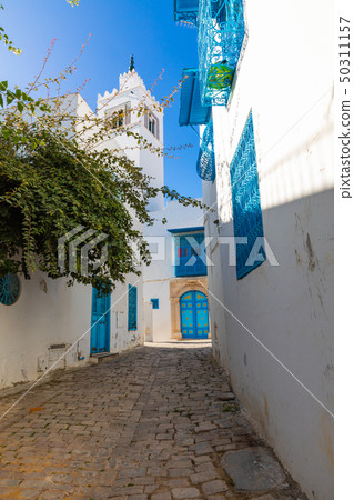 Cityscape with typical white blue colored houses 50311157