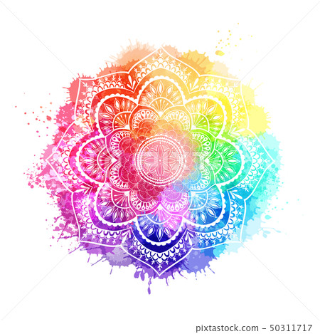 Round gradient mandala on white isolated background. Mandala over colorful watercolor 50311717