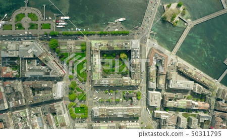 Aerial top down view of lakefront area of Geneva, Switzerland 50311795
