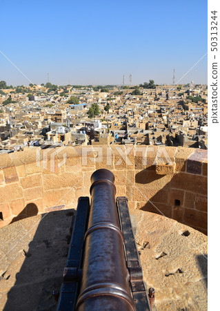 Cityscape seen from Jaisalmer Castle and Fort in the Jaisalmer World Heritage Site of India Cannons installed in the Fort 50313244