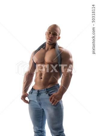 Shirtless ahtlet in blue jeans and isolated view 50318114
