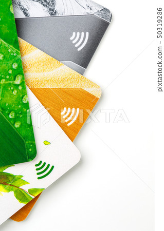 Credit cards with contactless payment. Pile of Credit cards with contactless payment. Pile of 50319286