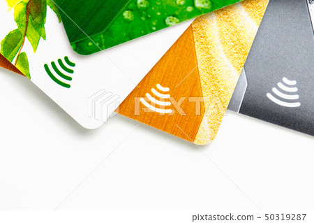 Credit cards with contactless payment. Pile of 50319287