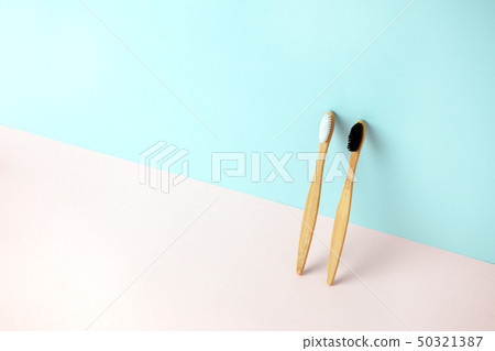 Couple of Bamboo tooth brush on pink blue 3d 50321387