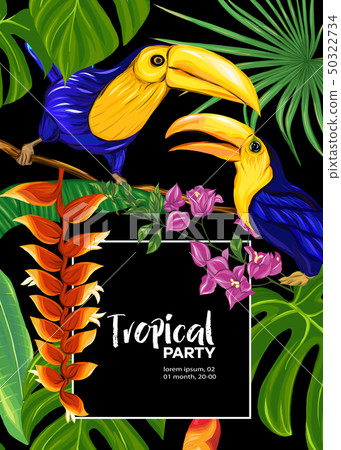 Background with tropical plants, flowers, birds Background with tropical plants, flowers, birds 50322734