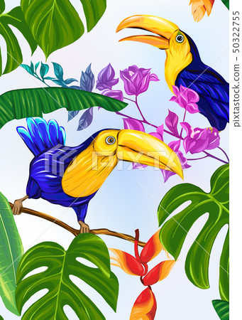 Background with tropical plants, flowers, birds - Stock Illustration ...