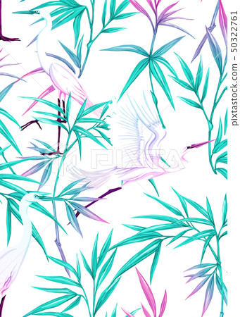 Background with tropical plants, flowers, birds - Stock Illustration ...