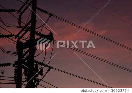 pylon electricity power line with sunset sky pylon electricity power line with sunset sky 50323764