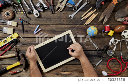 chalkboard with male hands Labor day chalkboard with male hands Labor day 50323856