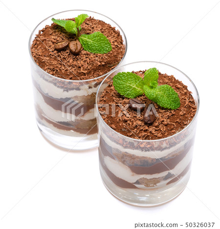 two portions Classic tiramisu dessert in a glass isolated on a white background 50326037