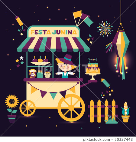 Festa Junina village festival in Latin America. Icons set in bright color. Flat style decoration 50327448