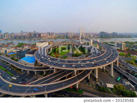 Aerial view of Nanpu Bridge, Shanghai Downtown, Aerial view of Nanpu Bridge, Shanghai Downtown, 50329588
