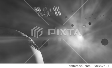 Planets, ISS and the sun in cosmic fog. 3D illustration Planets, ISS and the sun in cosmic fog. 3D illustration 50332305
