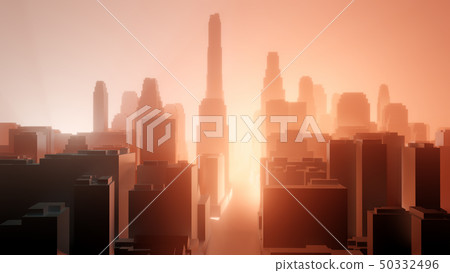 City in red fog. Air pollution or military action 50332496