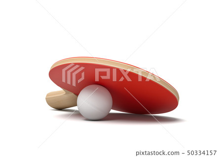 3d close-up rendering of ping pong ball covered with racket and on white background. 50334157