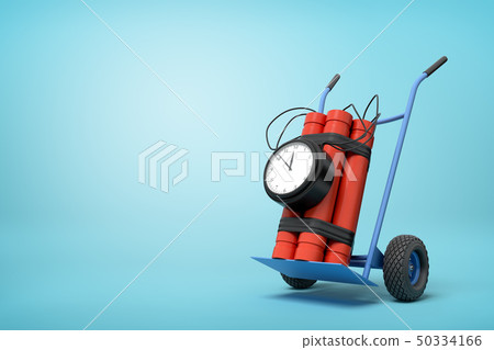 3d rendering of big dynamite bundle with time bomb on blue hand truck on light-blue background. 50334166