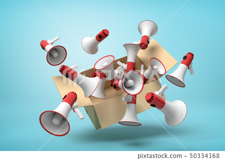 3d rendering of cardboard box in air full of red and white megaphones which are flying out and 50334168