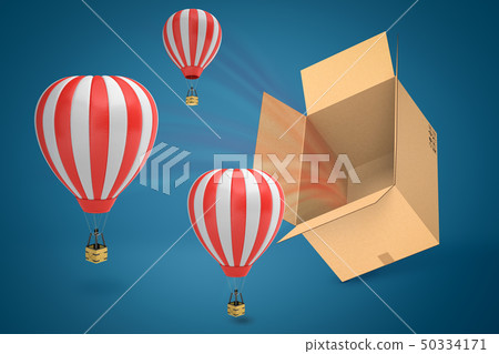 3d rendering of three hot air balloons flying out of cardboard box on blue background 50334171