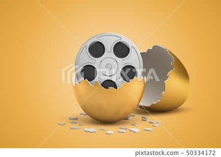 3d rendering of broken in two golden egg with retro film reel inside on light ocher background. 50334172