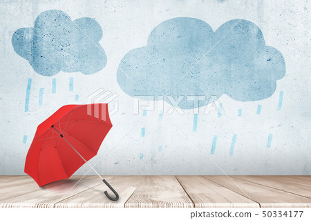 3d rendering of open red umbrella on wooden floor in room with light-blue painted clouds on wall. 3d rendering of open red umbrella on wooden floor in room with light-blue painted clouds on wall. 50334177