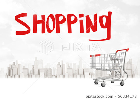 3d rendering of empty supermarket trolley with title Shopping above and with cityscape in distance 3d rendering of empty supermarket trolley with title Shopping above and with cityscape in distance 50334178