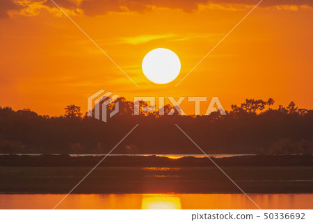 Sunset in the lake. beautiful sunset behind the 50336692