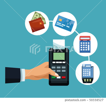 Hand with dataphone and bank symbols 50338527