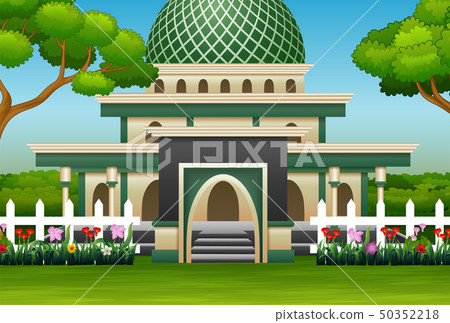 Islamic mosque building with a flowers on the road 50352218