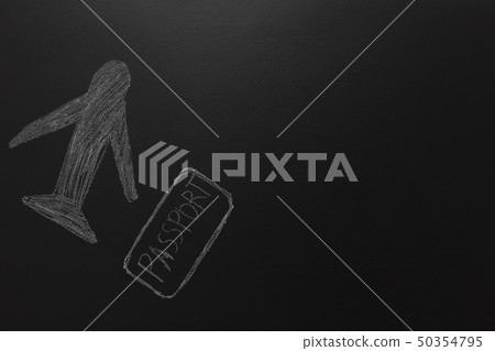 drawn with chalk plane and passport on blackboard. drawn with chalk plane and passport on blackboard. 50354795