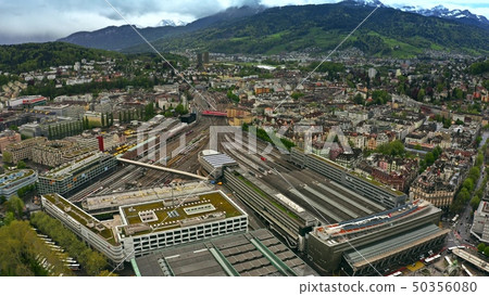 Aerial view of Bahnhof Luzern or Lucerne Main Station and many railroad tracks, Switzerland Aerial view of Bahnhof Luzern or Lucerne Main Station and many railroad tracks, Switzerland 50356080