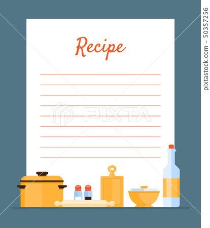 Recipe Cookbook Decorated with Kitchen Tools, Card with Lines for Recipe Placement Vector 50357256