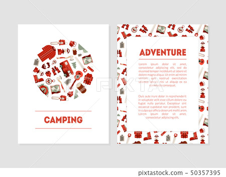 Camping Adventure Banner Templates Set with Hiking Equipment and Place for Text Vector Illustration 50357395