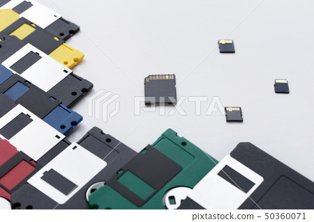 Floppy disks and memory cards. 50360071