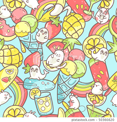 Kawaii cute seamless pattern with summer sweet food, ice-cream, fruits and coctails and funny 50360820