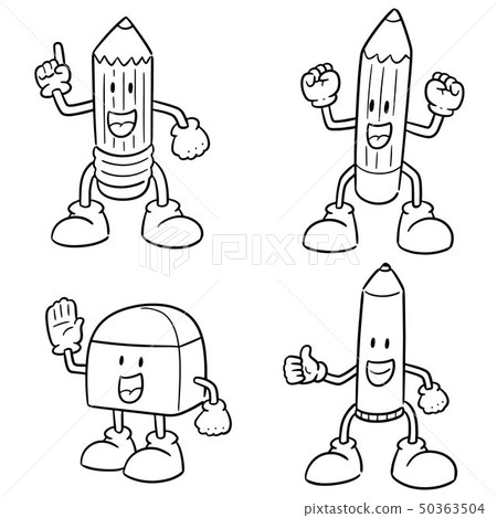 vector set of pen, pencil and eraser cartoon - Stock Illustration  [50363504] - PIXTA