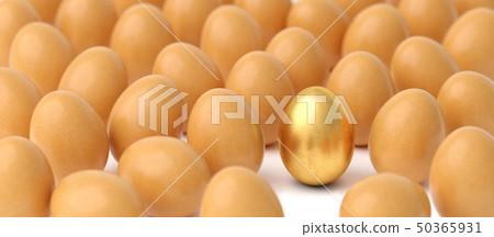 background of fresh eggs with one golden egg. 3d rendering concept. 50365931