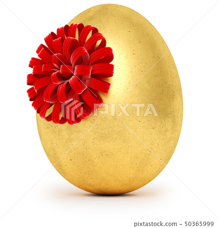 Realistic golden egg with a red bow. Isolated on white background. 50365999