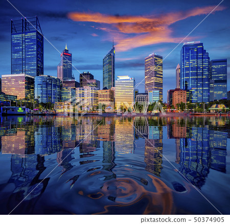 Sunset in Perth city with building and river , Per 50374905
