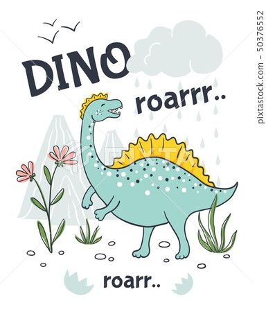 Doodle dinosaur poster. Cute cartoon animal character, hand drawn friendly baby dragon. Vector 50376552