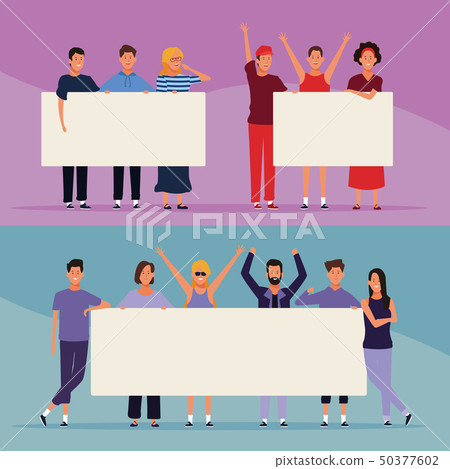 set of people with posters set of people with posters 50377602