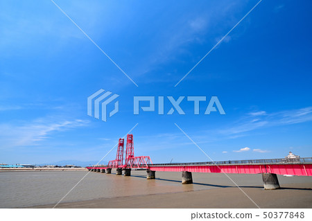 Landscape of the blue sky and Chikugo River rising bridge Landscape of the blue sky and Chikugo River rising bridge 50377848