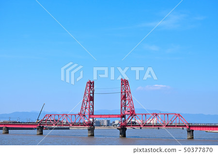Landscape of the blue sky and Chikugo River rising bridge Landscape of the blue sky and Chikugo River rising bridge 50377870