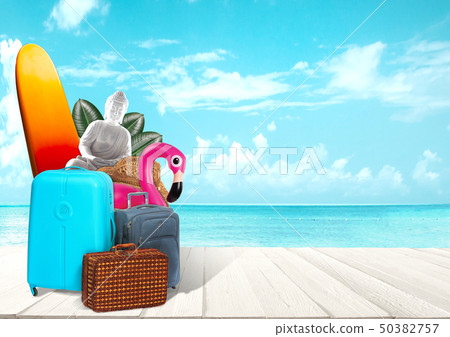 Collage of luggage for travel in front of ocean view Collage of luggage for travel in front of ocean view 50382757