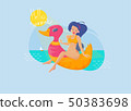 Hello summer beach girl sunbath vector illustration. Sexy pretty girl or woman sitting on a beach 50383698