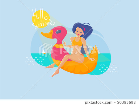 Hello summer beach girl sunbath vector illustration. Sexy pretty girl or woman sitting on a beach 50383698