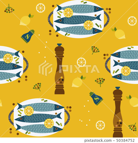 Flat hand drawn fish cooking icons seamless 50384752